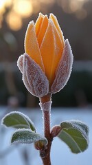 Frosty yellow flower bud in winter.