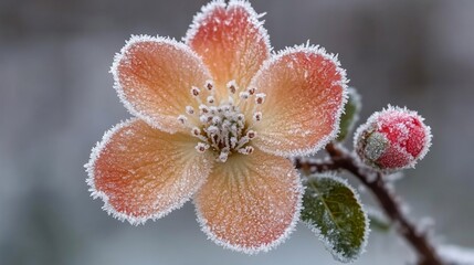Frosty peach blossom flower with bud.