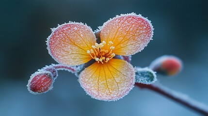 Frosty orange flower with buds on a branch.