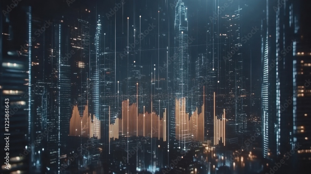 Poster holographic charts and graphs float amidst iconic buildings dynamically illustrating the correlation
