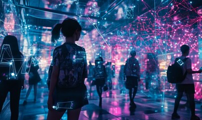 Fototapeta premium People surrounded by glowing digital network lines.
