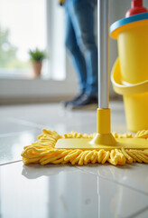 Yellow mop cleaning shiny floor in bright room