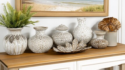 Coastal decor, beige & brown ceramic vases, decorative bowls, and plants on wooden console table.