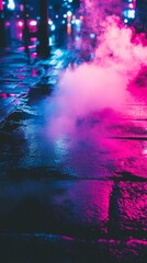 Fototapeta premium Moody Cyberpunk Neon Scene: A Dark Wet Street Reflecting Vibrant Pink and Blue Neon Lights with Rising Smoke and High-Contrast Textures