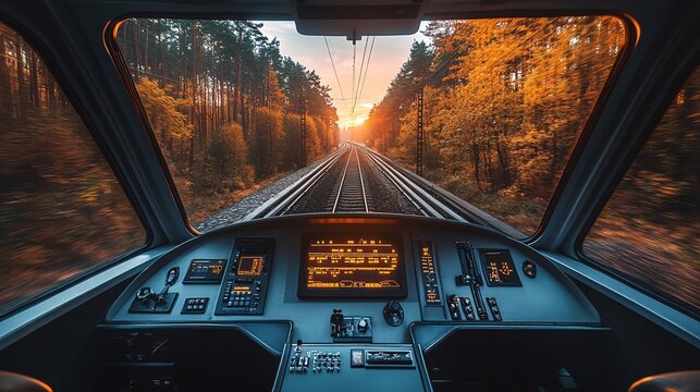 Train driver point of view driving through autumn forest at sunset