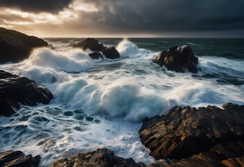 Obraz premium brilliant display vibrant waves crashing rugged seashore rocks capturing dynamic dance elements, aqua, beach, beauty, blue, coastal, colors, cliffs