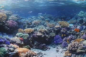 Fototapeta premium A panoramic view of a bustling coral reef at high tide, with fish swimming among the corals.