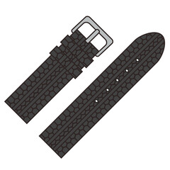 Black textured watch strap with silver buckle. Flat design digital illustration. Fashion accessory and wristwatch concept for design and print