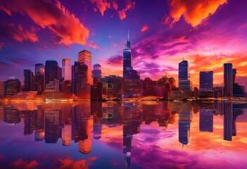 Fototapeta premium breathtaking city skylines amidst enchanting twilight sky exploding dynamic colors vivid cloud patterns, cityscape, view, urban, landscape, sunset, evening