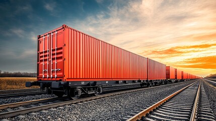 Fototapeta premium Freight train carrying cargo in containers traveling on sunset