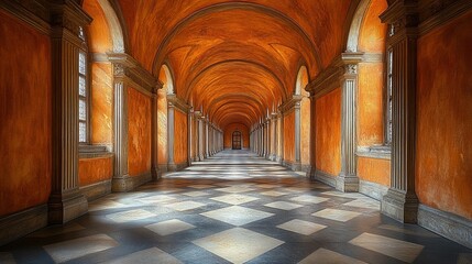 Long orange hallway with arched ceiling and checkered floor.