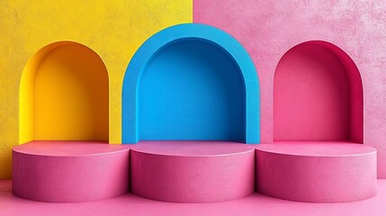 Colorful arched niches on pink podiums.