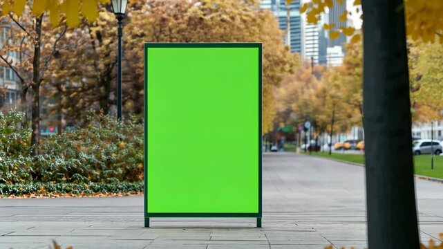 Green Screen Billboard in Urban Park Setting with City Skyline for Advertising and Creative Design Mockup on a Cloudy Autumn Day in a Serene Natural Environment with Vibrant Foliage.