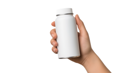 White Supplement Bottle Mockup in Hand Healthcare Product Packaging Design Blank Label Dietary Supplement Medicine Container