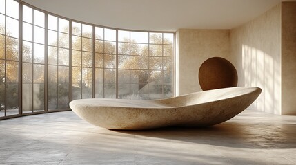 Sculptural stone bathtub in minimalist room with large window.