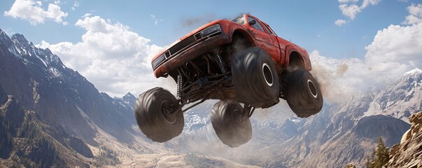 Red monster truck jumping over mountain road