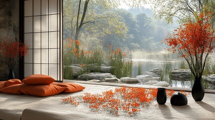 Serene Japanese room overlooking tranquil autumnal landscape.