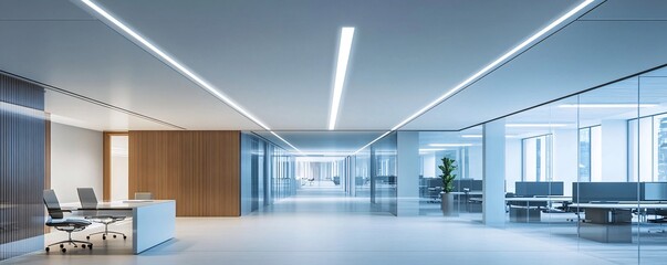 Obraz premium Modern open space office with glass walls showing workstations
