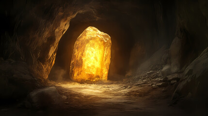A glowing golden rock in a dark tunnel, illuminating the path with a warm light. Golden Cavern. Illustration