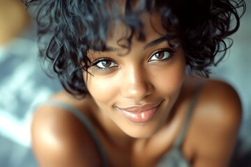 Fototapeta premium Commercial ad campaign concept art art. Lovely smiling black girl - for ads, avenue poster and social networks use. Short coiffure - curly hair. Black woman glamour look. Elegant black model.