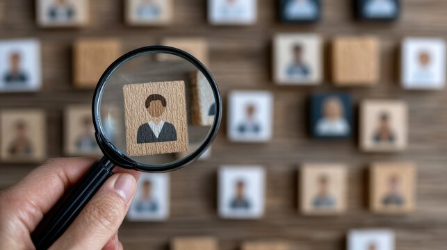 Magnifying glass highlights potential job candidate, embodying recruitment search precision and individual focus amidst many.
