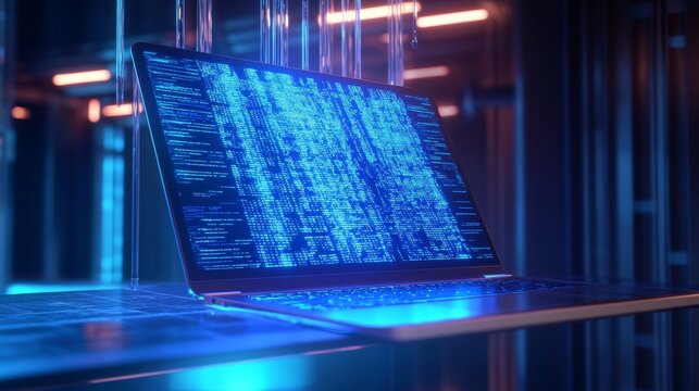Software development. Programming, coding and software testing on laptop. Laptop hanging over table with program code on the screen. Digital Computer technology isometric background concept.