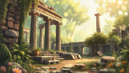 Ancient Greek ruins with columns in lush garden