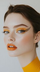 Close-up portrait of a young woman with vibrant orange makeup and a bold graphic eyeliner.