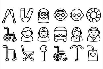 set of  outline icons related to elderly  linear 