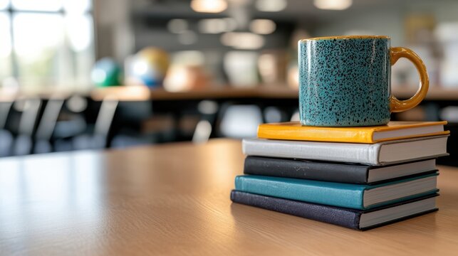 A tranquil classroom scene features a stack of books and a mug on a desk, with a distant view of mountains blending indoors and nature.