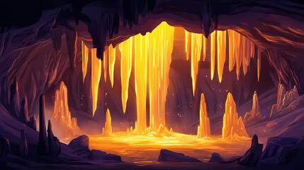 Ancient cave system with stalactites and stalagmites under golden lighting. Golden Cavern. Illustration