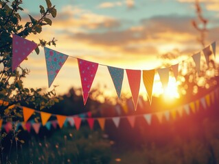 Sunset Flag Banner with Colorful Triangular Flags