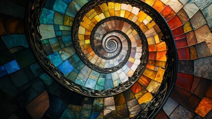 Fototapeta premium Colorful swirling spiral with stained-glass textured pattern.