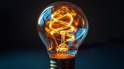 Lit lightbulb with glowing filament on dark background.