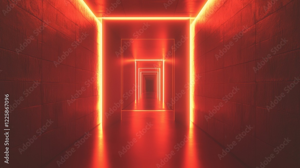 Poster abstract door in tunnel with digital data center light signals. future computer technology concept o