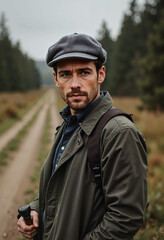Man in flat cap and jacket on rural path