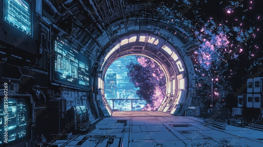 Poster abstract door in tunnel with digital data center light signals. future computer technology concept o