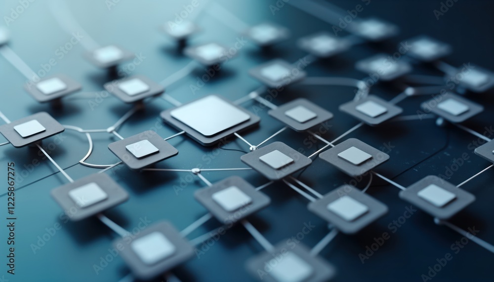 Poster Abstract tech illustration. Network of connected square elements. Streamlined workflow system. Efficient team operations. Modern tech design. Effective collaboration process. Advanced system