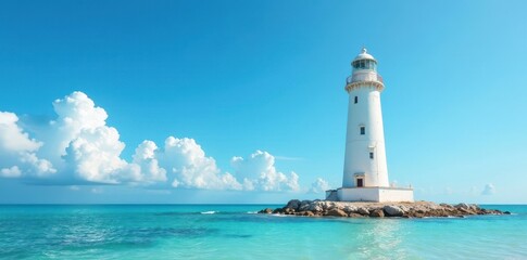 Tall white Caribbean lighthouse against vibrant blue sky, ocean, nature