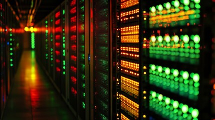 Fototapeta premium Data center. abstract digital warehouse. Server room of clouds computing technology. Server farm communication with internet. Network connection and information exchange lights glow in the dark.