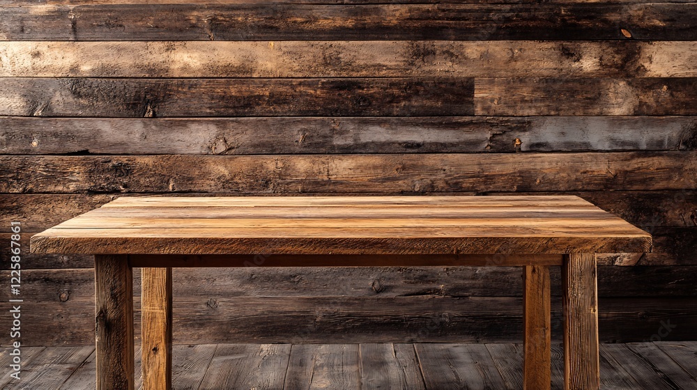 Poster empty wooden tabletop with rustic wood wall providing copy space for display