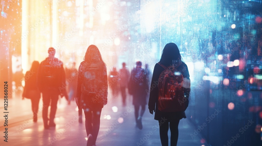 Aufkleber an ethereal canvas displaying students at various stages of their academic journey illustrating the 