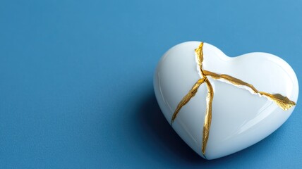 White heart with golden cracks on blue background Represents kintsugi, art of repairing gold