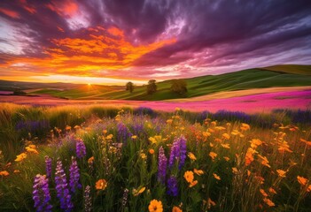 Obraz premium stunning sunrise over vibrant seasonal fields dramatic skies filled colorful clouds natural beauty, aesthetic, artistic, atmospheric, blue, blooming, bright