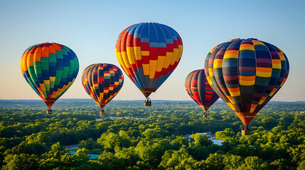 Obraz premium Colorful hot air balloons soar over a tranquil landscape at sunrise; perfect for travel, adventure, and freedom themes