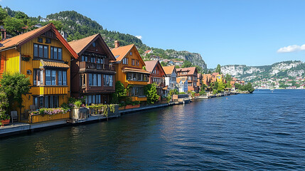 Colorful houses line waterfront, hills background, sunny day, travel postcard