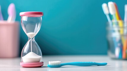 Toothbrush and sand timer on counter, oral hygiene concept