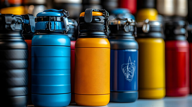 Colorful insulated bottles displayed, close-up shot,  for online retail or promotional use