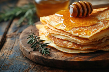 A delicious stack of thin pancakes drizzled with honey dripping from a wooden spoon onto their surface.  