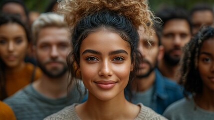 Fototapeta premium Woman smiling in diverse crowd.